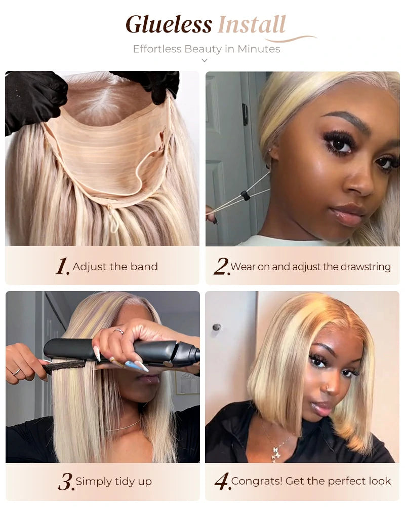 Arabella 6x5 Invisible Knots Glueless Blonde Khaki Highlight Straight Bob Wig Pre-cut Lace Beginner Friendly