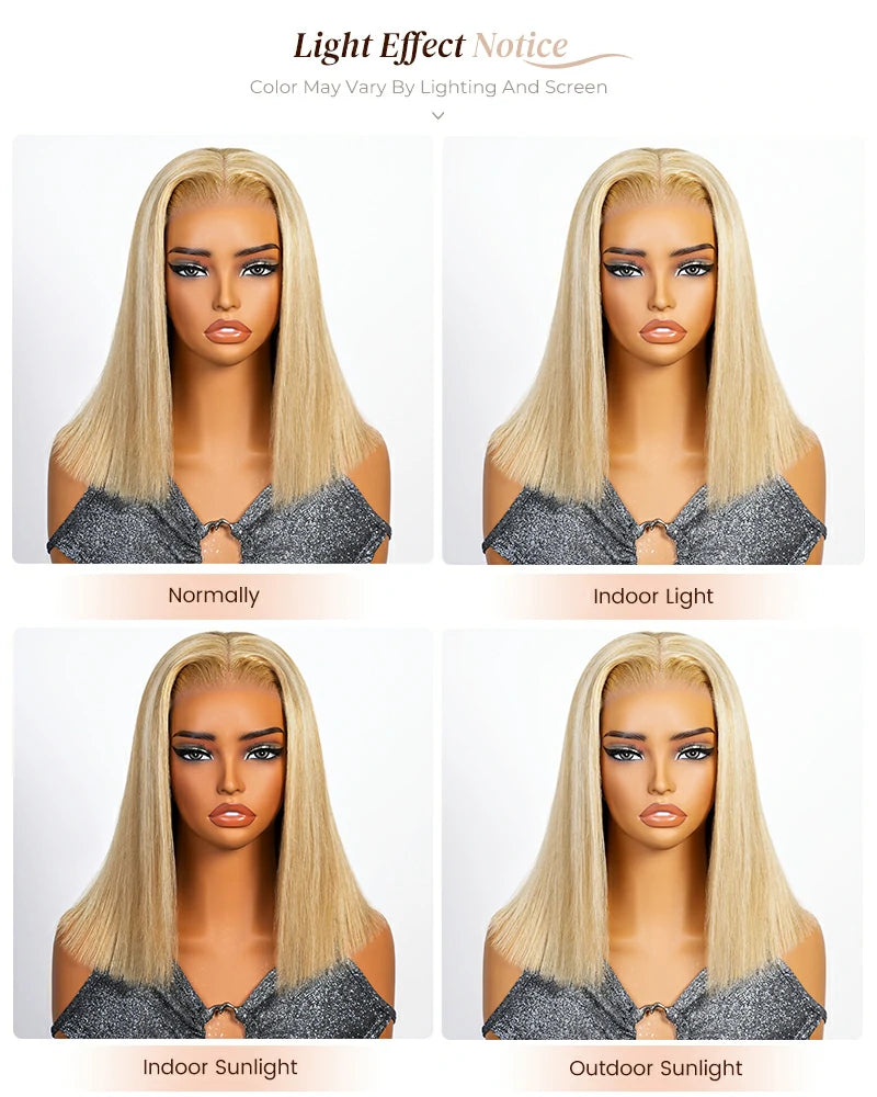 Arabella 6x5 Invisible Knots Glueless Blonde Khaki Highlight Straight Bob Wig Pre-cut Lace Beginner Friendly