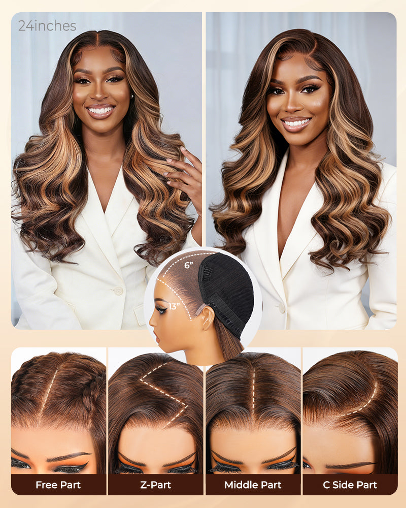 【$299 = 2 WIGS】Arabella 13x6 Three-Go™ Chocolate Brown Skunk Stripe Glueless Wig Body Wave With Drawstring 100% Human Hair Wig