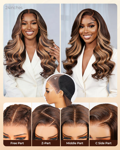 【$299 = 2 WIGS】Arabella 13x6 Three-Go™ Chocolate Brown Skunk Stripe Glueless Wig Body Wave With Drawstring 100% Human Hair Wig