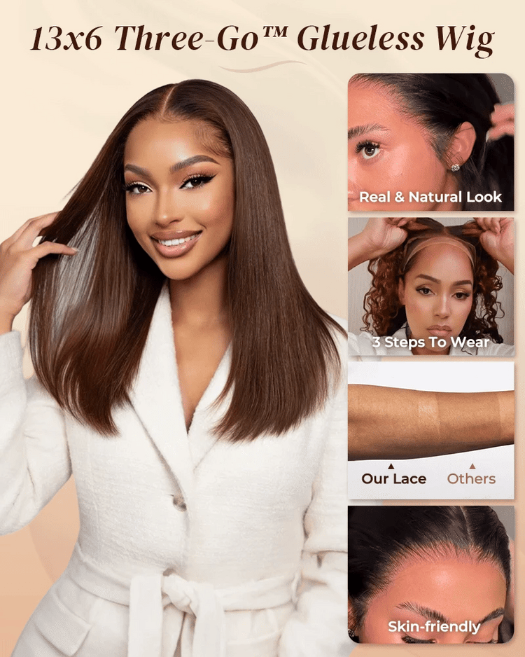 Arabella 13x6 Three-Go™ 250% Density Chocolate Brown Glueless Wig Straight Bob Wig  With Drawstring