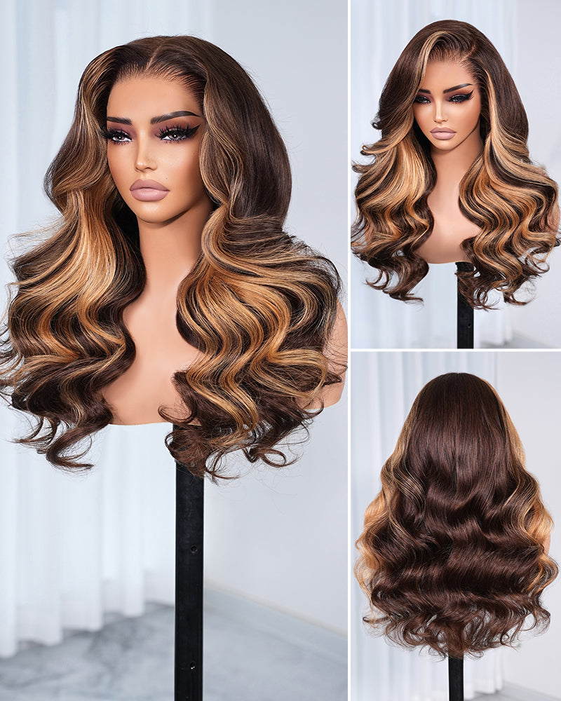 【$299 = 2 WIGS】Arabella 13x6 Three-Go™ Chocolate Brown Skunk Stripe Glueless Wig Body Wave With Drawstring 100% Human Hair Wig