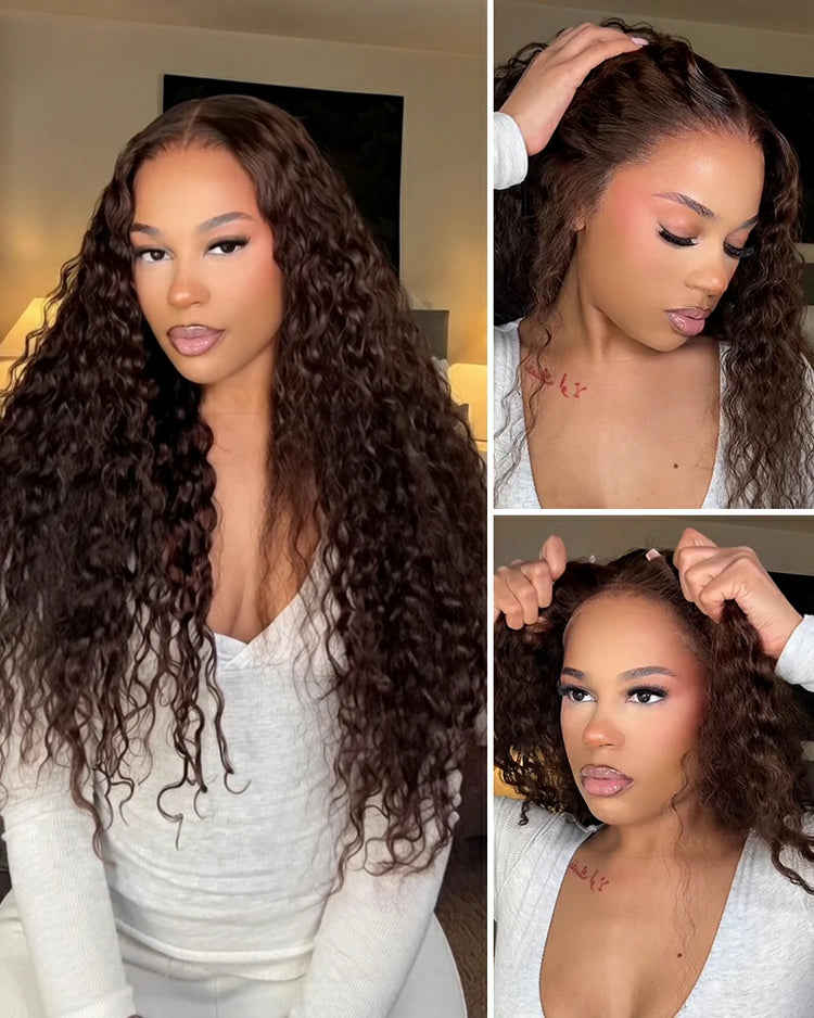 Arabella 13x6 lace front Three-Go™ chocolate brown glueless wig water wave with drawstring 100% human hair wig, natural hairline