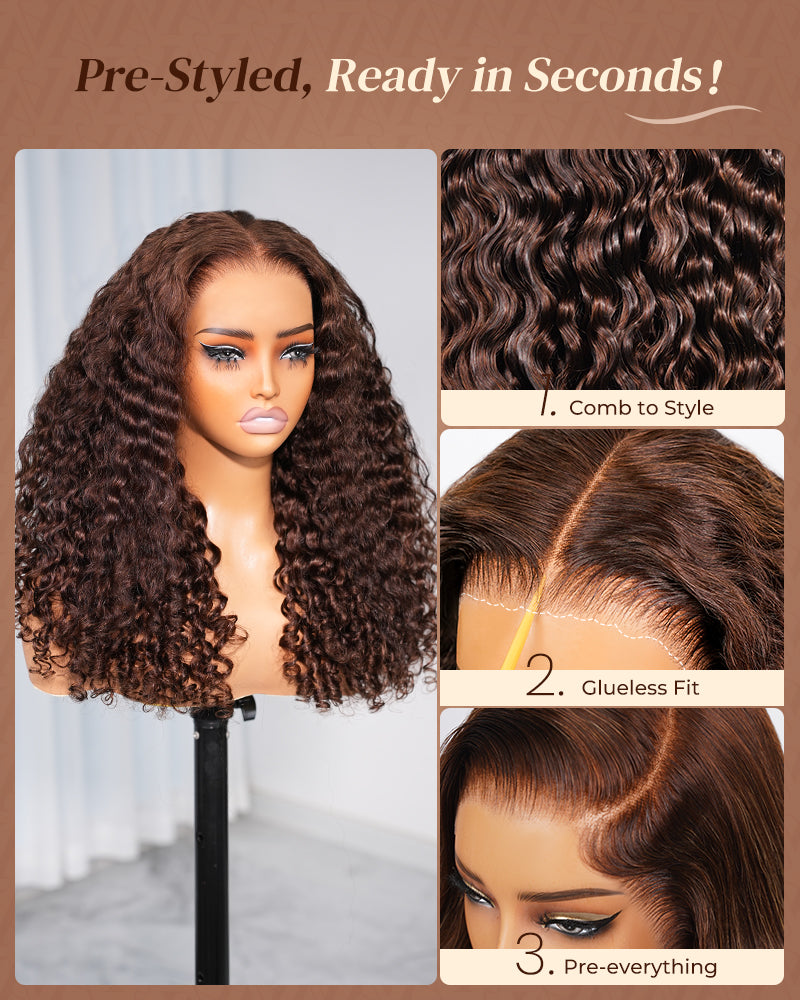 Chocolate Brown Water Wave With Finger Coil Ends Wigs