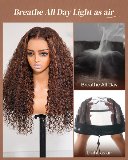 Dark Brown With Highlights Water Wave Wig