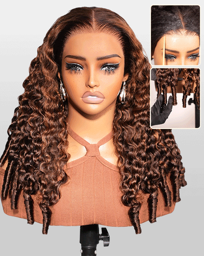 Dark Brown With Highlights Water Wave With Finger Coil Ends Wigs