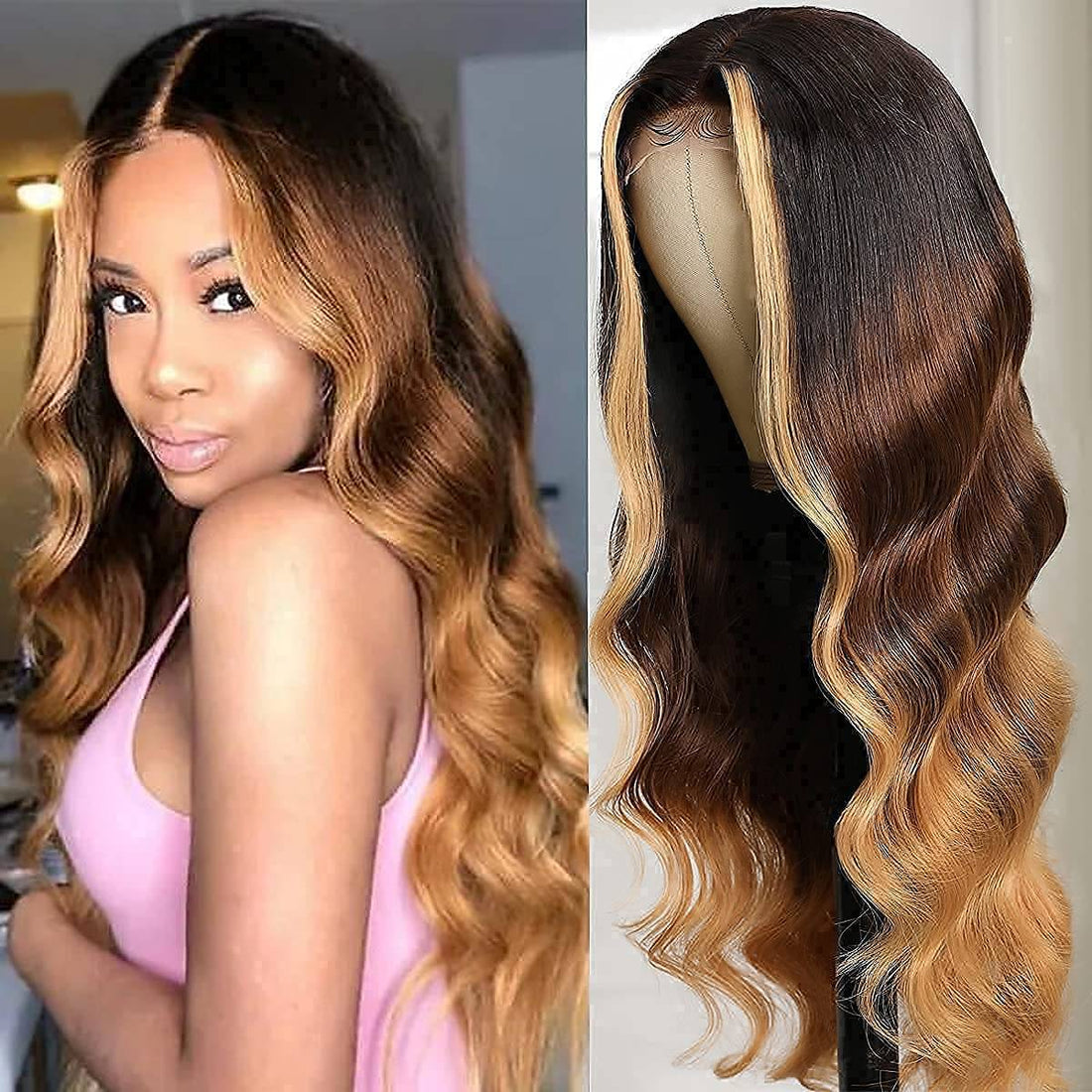 Money Piece Blonde Brown Ombre Colored Body Wave Wig 13x4 Lace Frontal Human Hair Wig