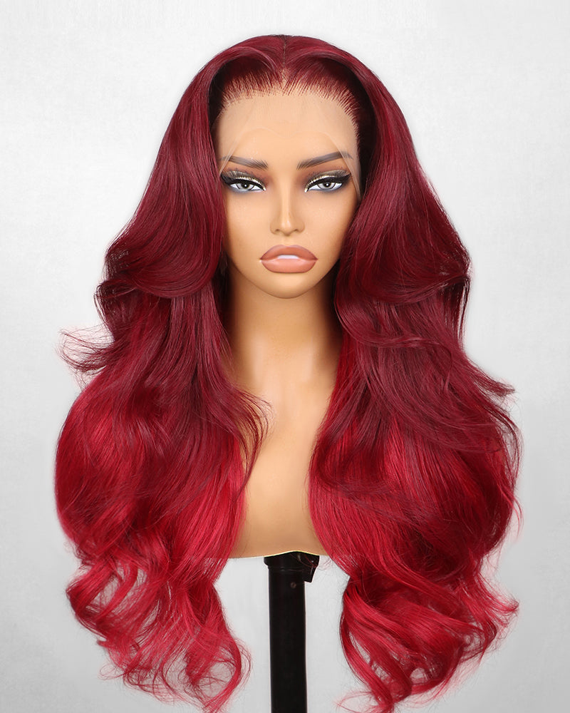 Two-Toned Ombre Cherry Red 13x4 Lace Front Blowout In Wavy Colored Human Hair Wigs