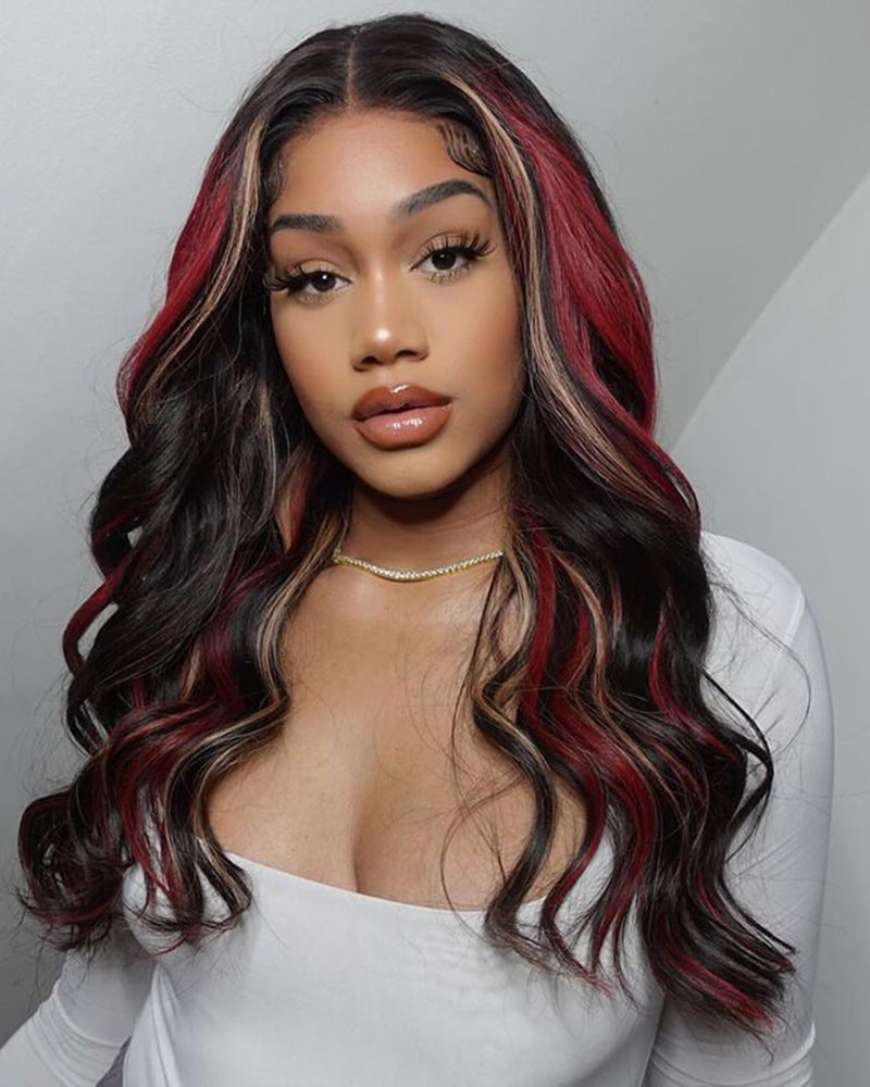 【Halloween Special】13x4 Lace Burgundy Ombre Red Skunk Stripe Body Wave Mix Highlight Colored Human Hair Wig