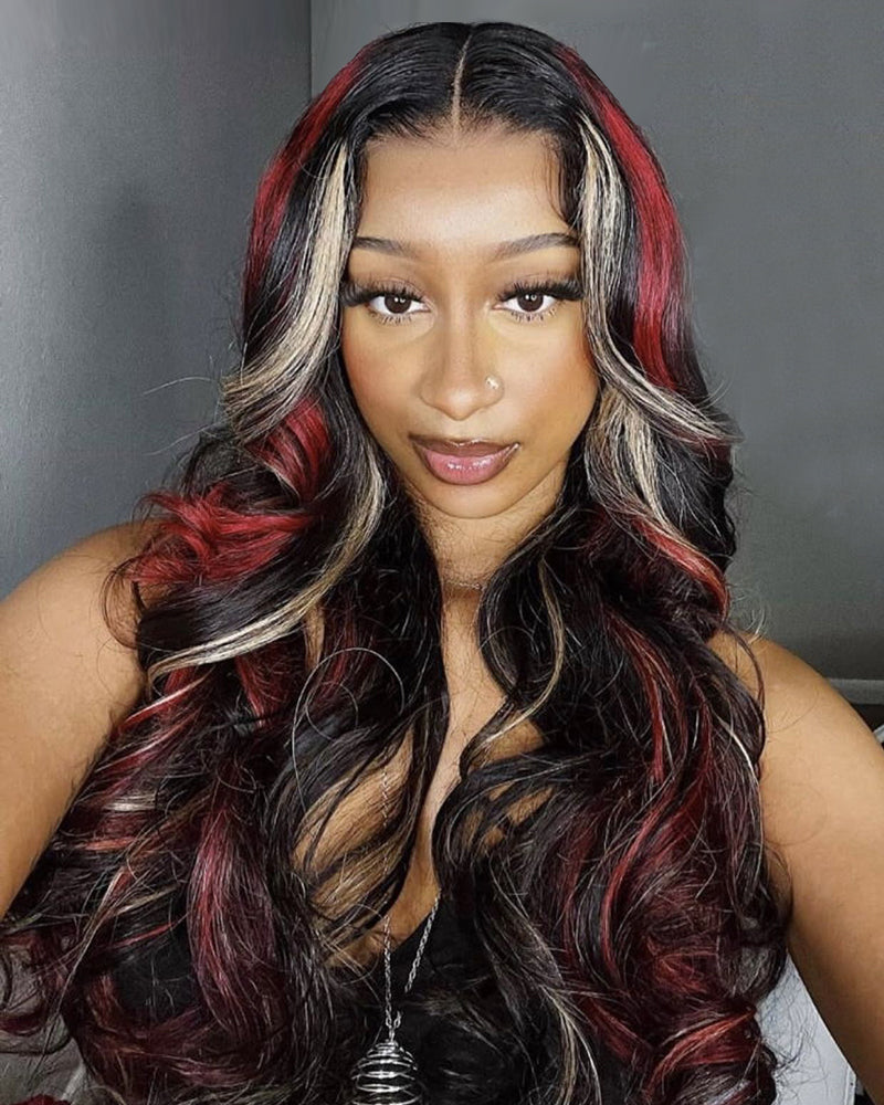 【Halloween Special】13x4 Lace Burgundy Ombre Red Skunk Stripe Body Wave Mix Highlight Colored Human Hair Wig