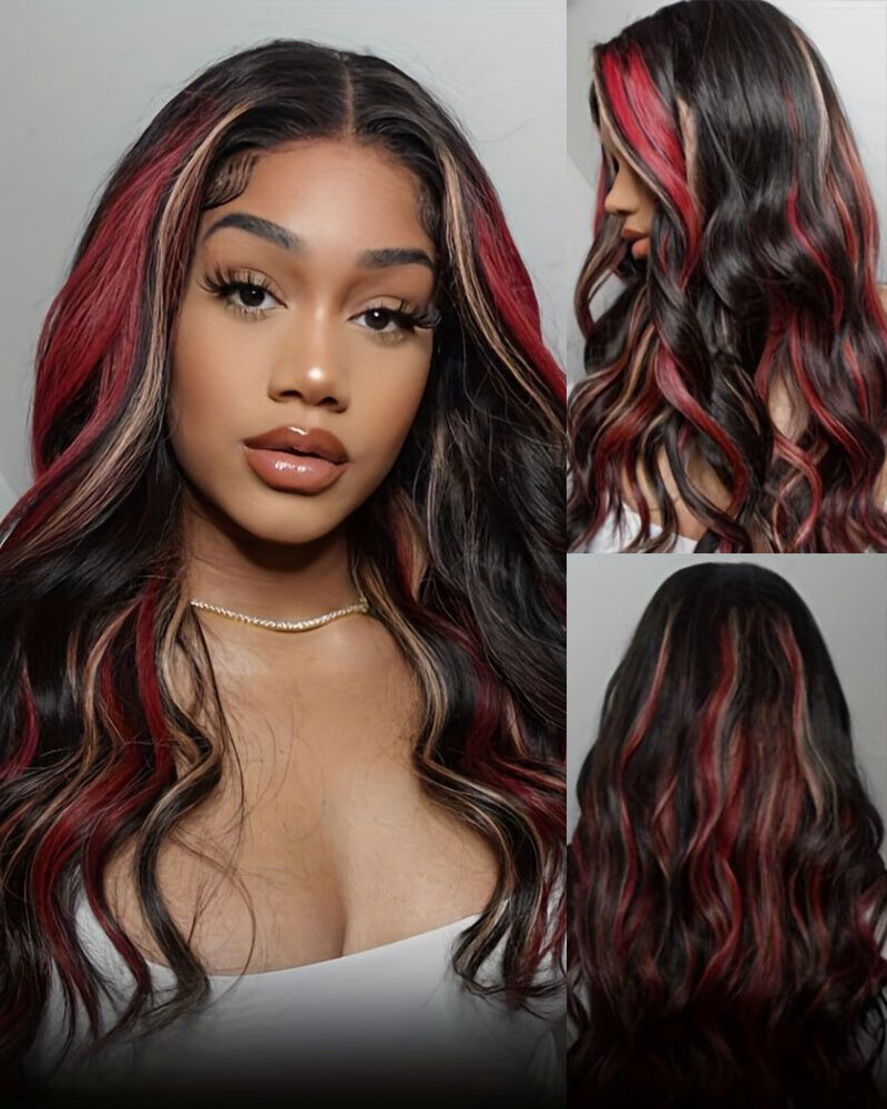 【Halloween Special】13x4 Lace Burgundy Ombre Red Skunk Stripe Body Wave Mix Highlight Colored Human Hair Wig