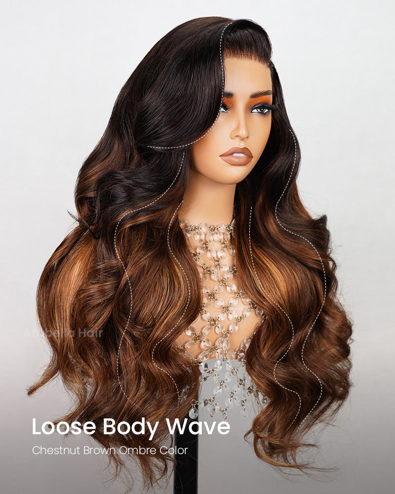 Glueless 6x5 Pre-Cut Lace Chestnut Brown Ombre Colored Loose Body Wave Wig Pre-Plucked Human Hair Wig