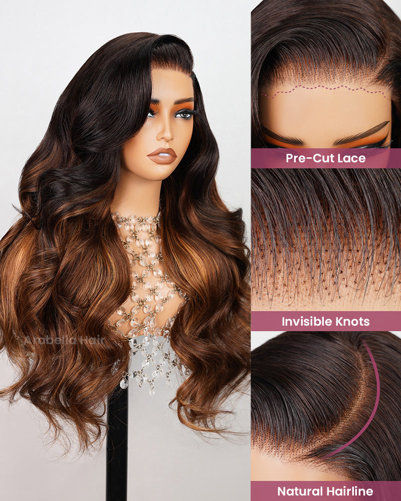 Glueless 6x5 Pre-Cut Lace Chestnut Brown Ombre Colored Loose Body Wave Wig Pre-Plucked Human Hair Wig