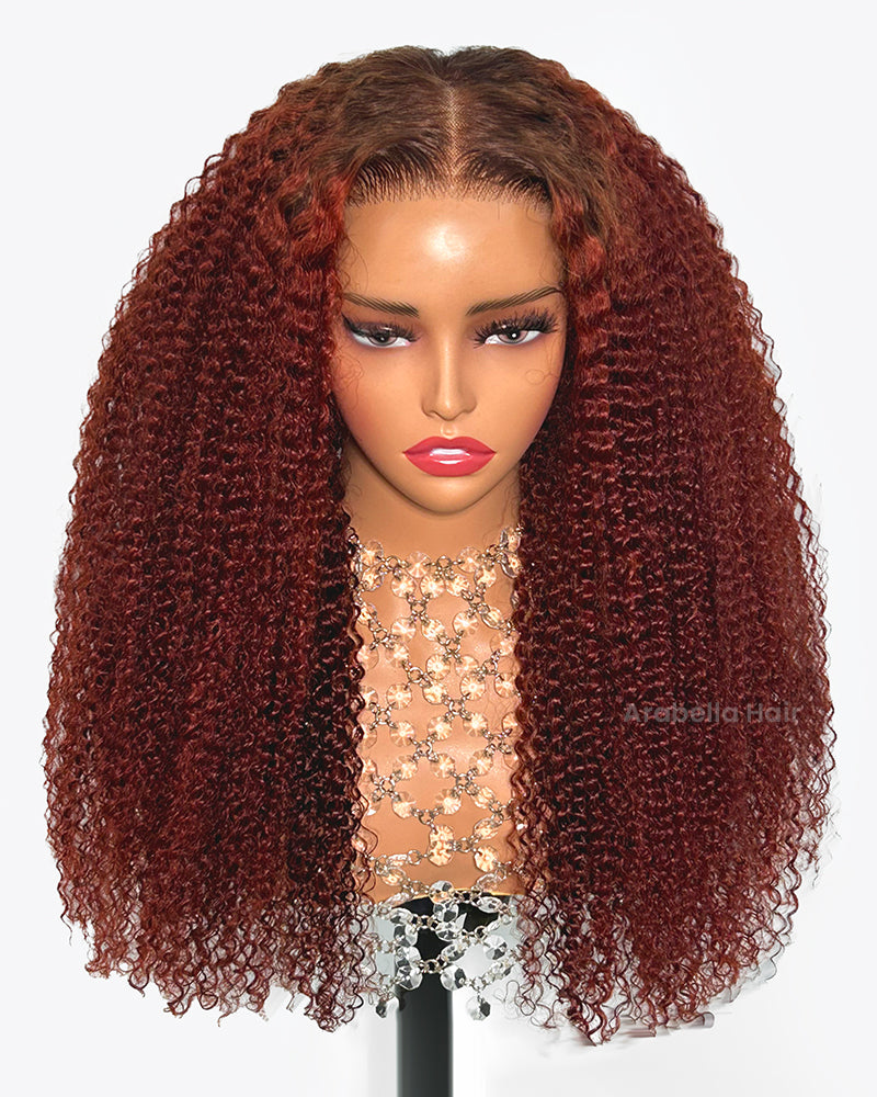 6x5 Afro Curly Easy-Wear Glueless Pre-Cut Lace Ombre Brown Color With Reddish Brown Colored Bleached Knots Middle Part Human Hair Wigs