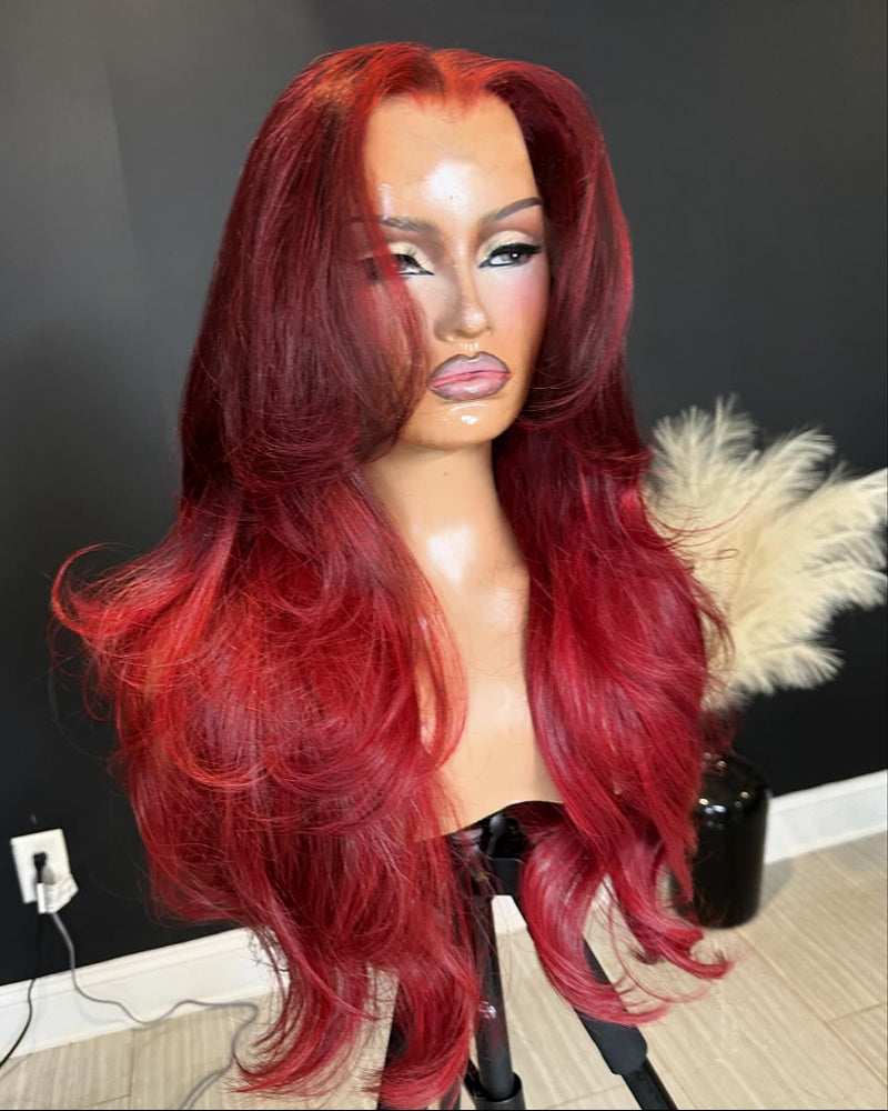 Two-Toned Ombre Cherry Red 13x4 Lace Front Blowout In Wavy Colored Human Hair Wigs