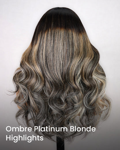 Pre-Cut 6x5 Lace Ombre Platinum Blonde Highlights Balayage Glueless Loose Body Wave Human Hair Wig