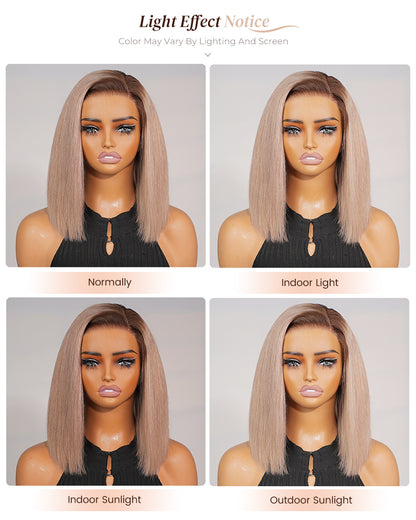 Arabella 6x5 invisible knots Glueless Ash Blonde Ombre Straight Bob Wig Pre-cut Lace Beginner Friendly