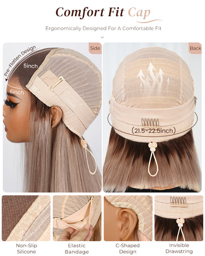 Arabella 6x5 invisible knots Glueless Ash Blonde Ombre Straight Bob Wig Pre-cut Lace Beginner Friendly