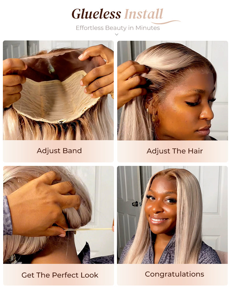 Arabella 6x5 invisible knots Glueless Ash Blonde Ombre Straight Bob Wig Pre-cut Lace Beginner Friendly