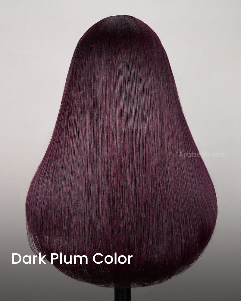 【Super Sale】Dark Plum Colored Pre-Cut Glueless 6-inch Deep Lace Layer Cut Straight With Bangs Easy-Wear Human Hair Wigs