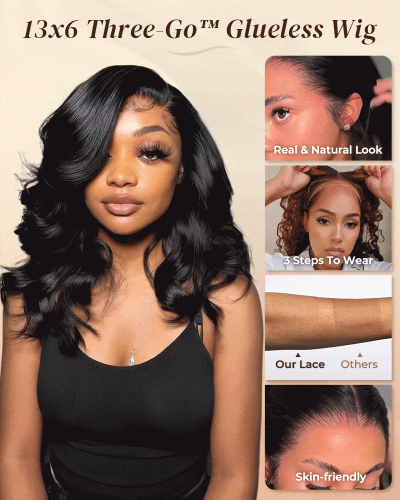 Arabella 13x6 Three-Go™ 250% Density Body Wave Bob Invisible Knots Natural Black Glueless Beginner Friendly