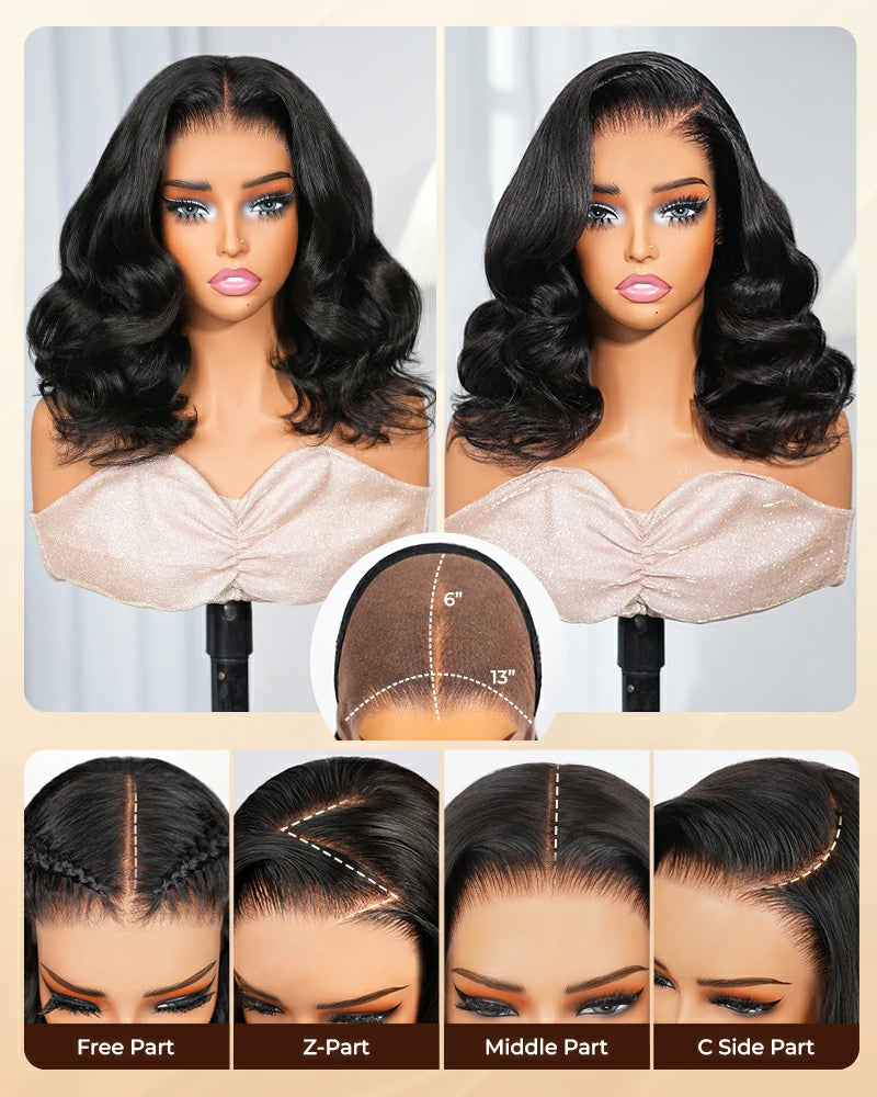 Arabella 13x6 Three-Go™ 250% Density Body Wave Bob Invisible Knots Natural Black Glueless Beginner Friendly