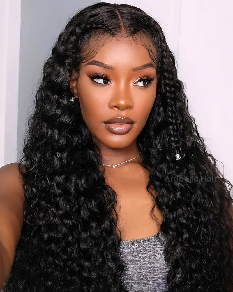 Halo Braided Water Wave 13x4 Lace Front Pre-Plucked Pre-Braid Style Natural Black Human Hair Wig