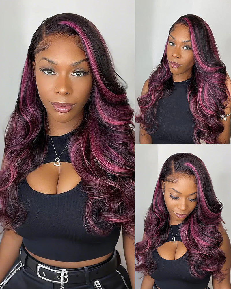 [Flash Sale] Body Wave/Straight Color Wigs with Red Purple Highlights - Transparent 13x4 Lace Free Part