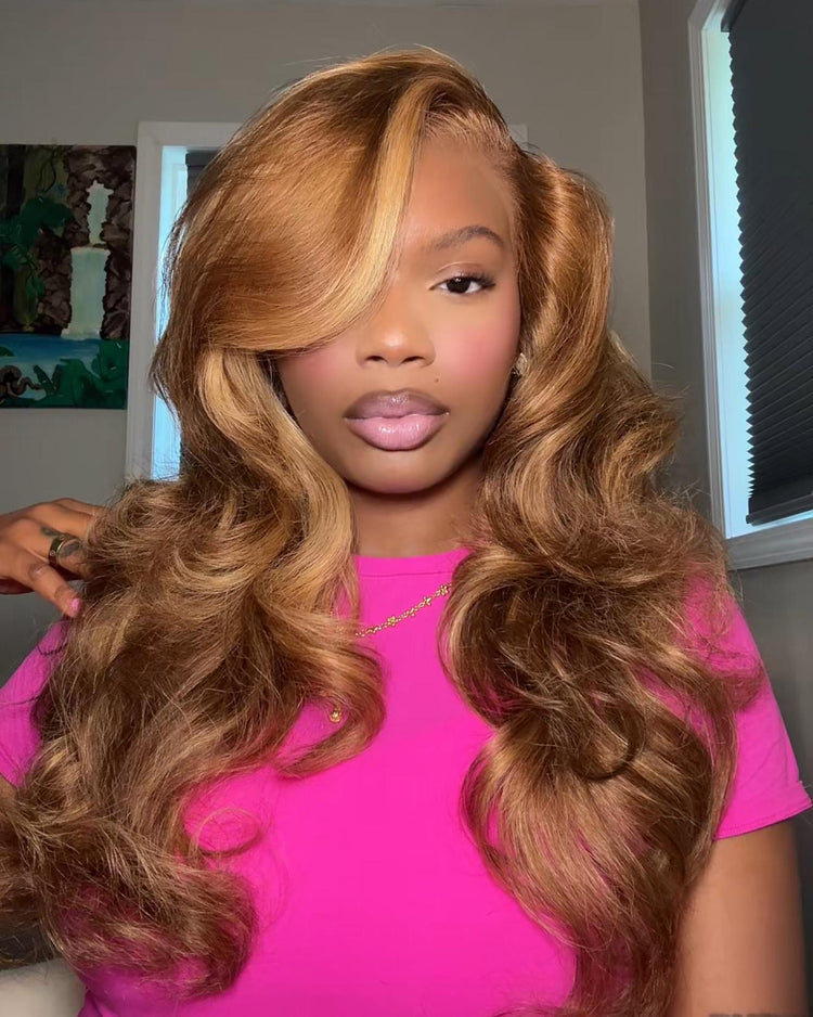 【$299 = 2 WIGS】Arabella 6x5 invisible knots Glueless Honey Blonde Highlights On Brown Wig Body Wave Wig Realistic Hairline