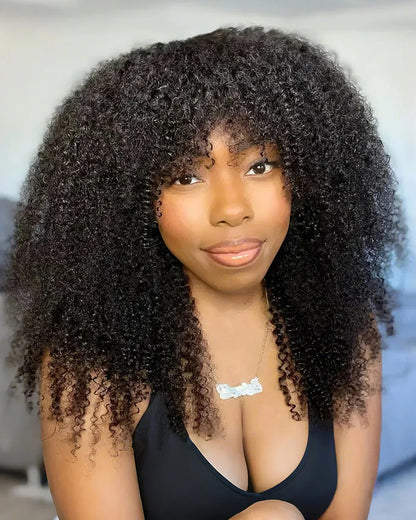 Afro Kinky Curly Wig With Bangs Natural Black Full Machine Made Wigs Remy Hair