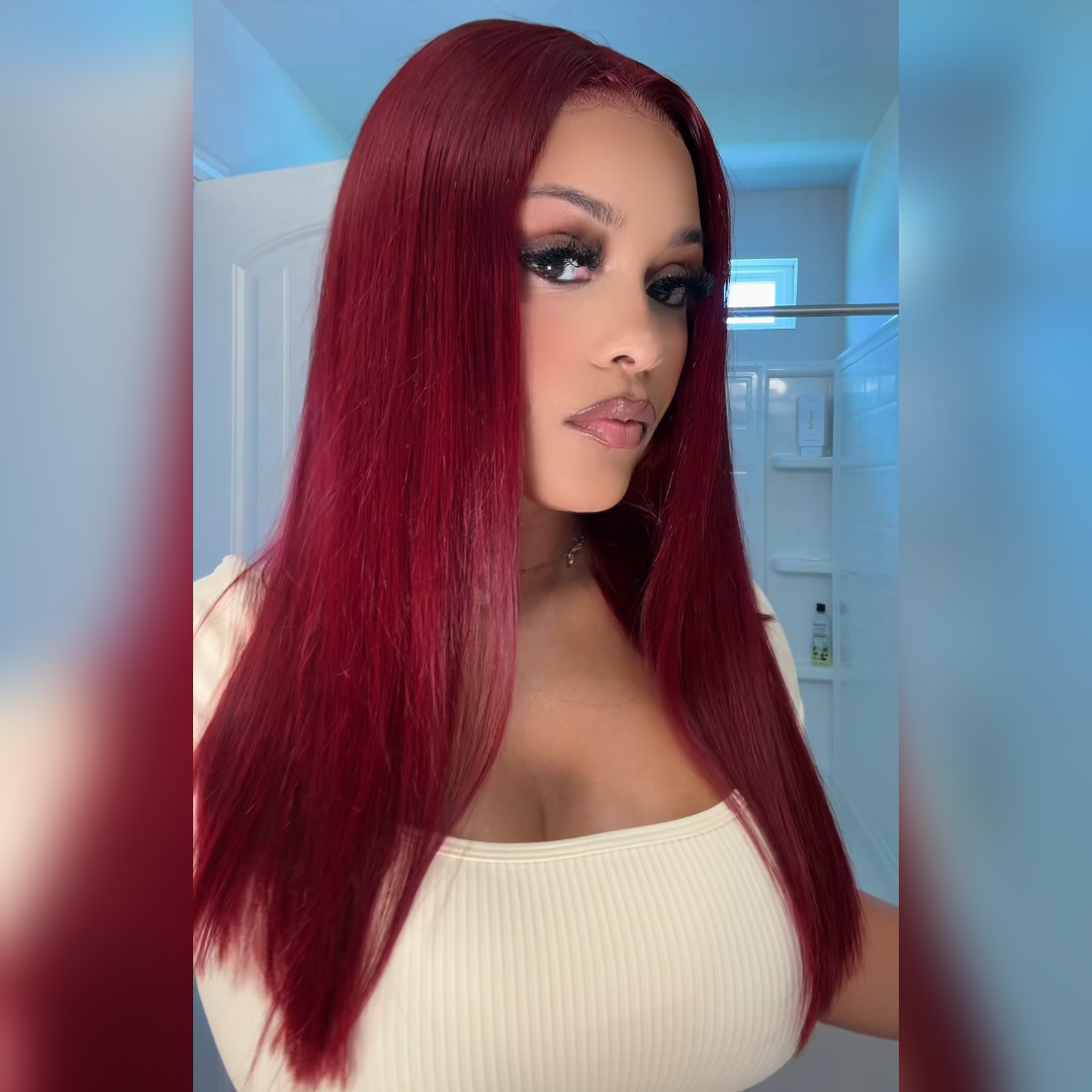 【Limited Design】Burgundy Red 99J Easy-Wear Glueless 6x5 Pre-Cut Lace Straight Wig With Bleached Knots Colored Human Hair