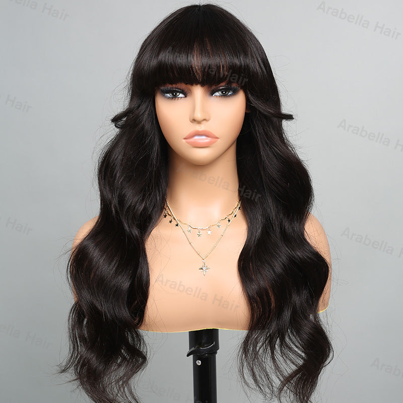 Long Body Wave With Bangs Glueless Wig Non-Lace Machine Made Natural Black Protective Style Human Hair Wigs