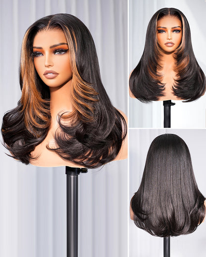 Arabella 6x5 Invisible Knots Glueless Money Piece Highlight on Natural Black Straight Wig Pre-cut Lace Beginner Friendly