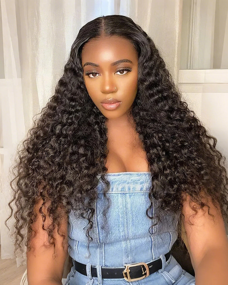 Deep Wave Natural Black 4x4 Lace Human Hair Wig Middle Part