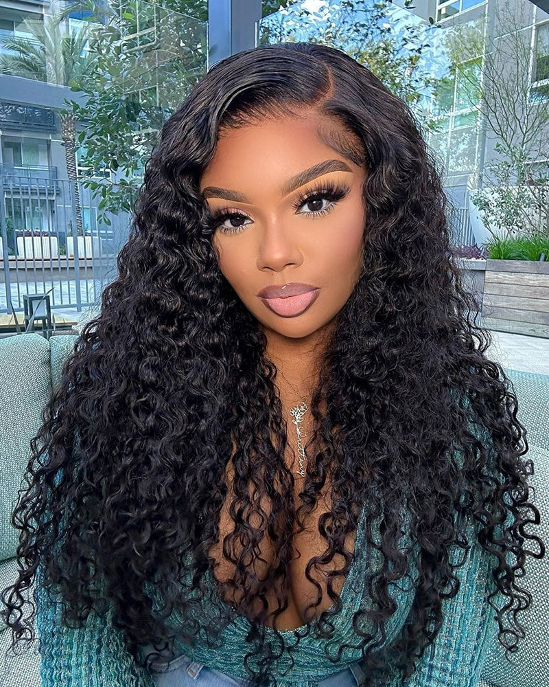 Halo Braided Water Wave 13x4 Lace Front Pre-Plucked Pre-Braid Style Natural Black Human Hair Wig