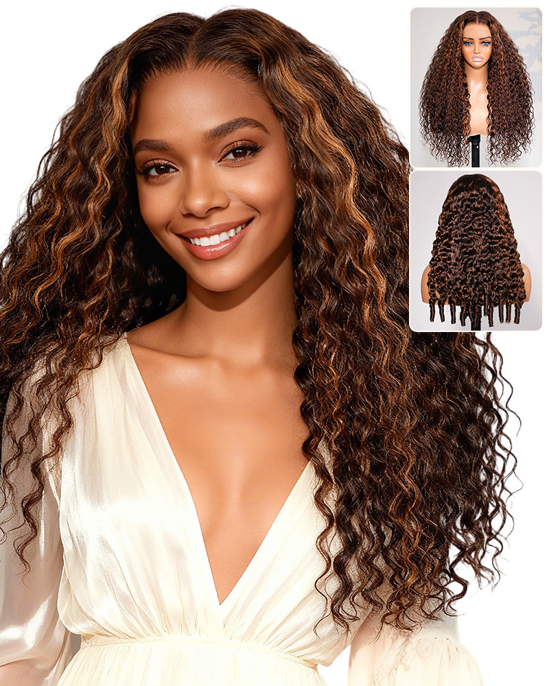 Arabella 13x6 Three-Go™ Glueless Wig Dark Brown Highlights Water Wave Finger Coil Ends With Drawstring