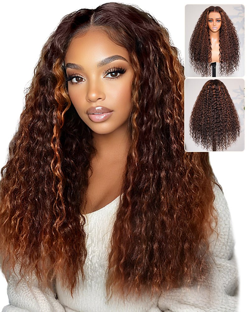 Arabella 13x6 Three-Go™ Glueless Wig Dark Brown With Highlights Water Wave With Drawstring For Beginner