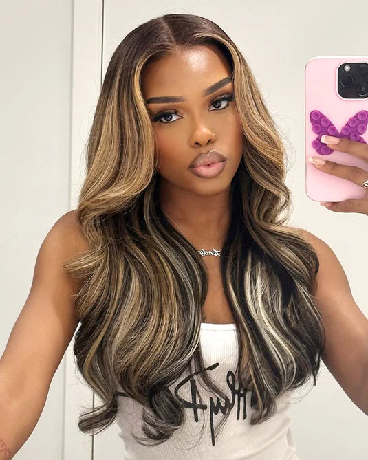 $100-$50 | Arabella 13x4 Frontal Lace Balayage Highlight Body Wave Wig Invisible Knots Realistic Hairline