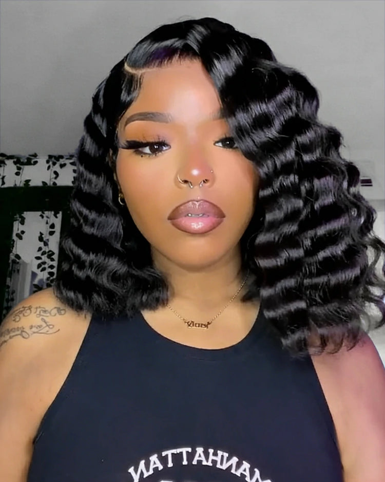 Arabella 6x5/13x4 Lace Glueless Loose Deep Wave Bob Wig Pre-cut Lace Natural Black Beginner Friendly