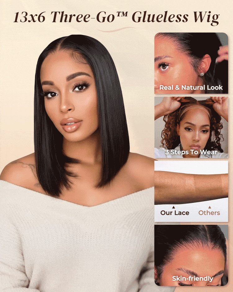 Arabella 13x6 Three-Go™ Glueless Straight Bob Invisible Knots Natural Black Beginner Friendly