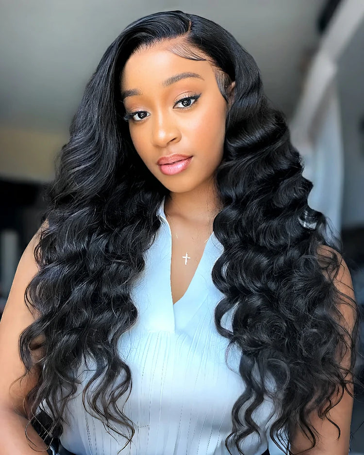 【$299 = 2 WIGS】28” Arabella 4x4 Lace Closure Loose Deep Wave Wig Realistic Hairline Natural Black 100% Human Hair Wig