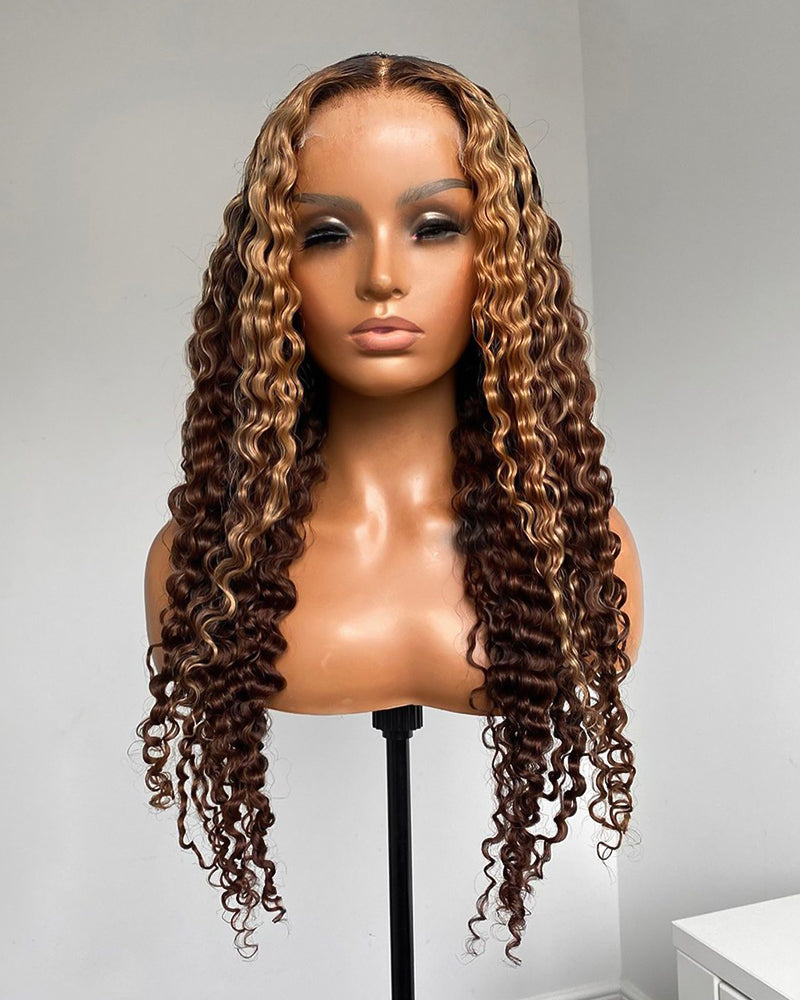 Flash Sale: Glueless Closure Lace Wavy Wig with Honey Blonde Piano Highlights