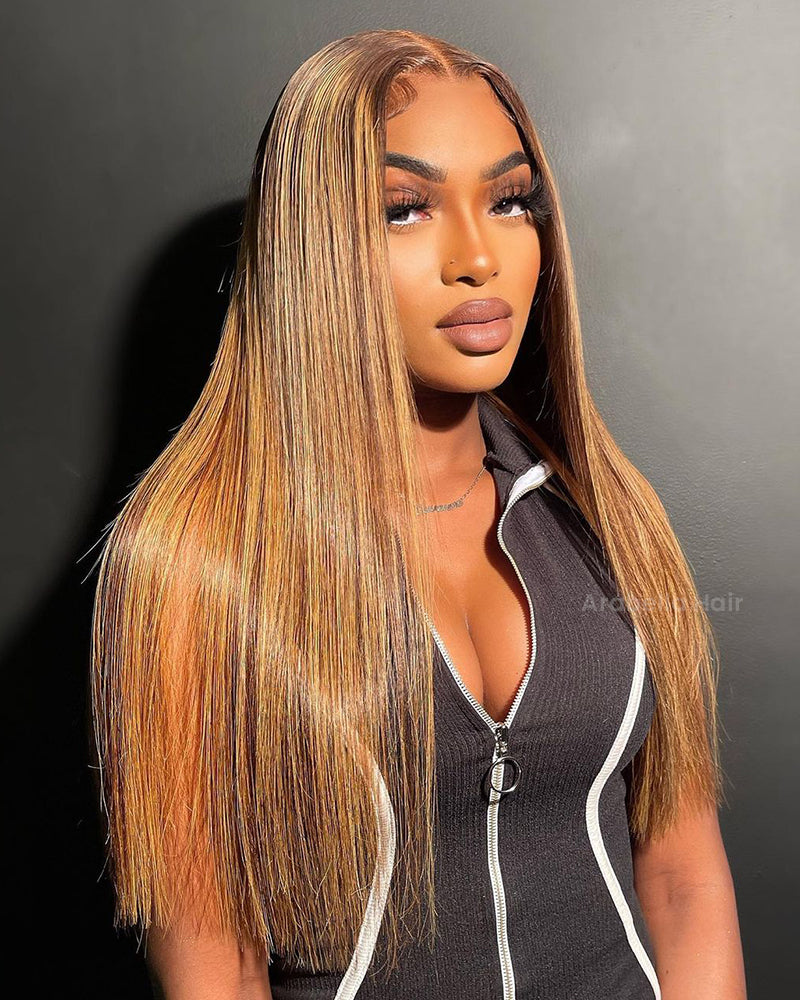 5x5 HD Lace Front Straight Wig Honey Blonde Piano Highlights Transparent Human Hair Wigs