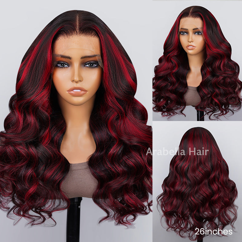 [Flash Sale] 13x4 Lace Dark Burgundy With Rose Red Highlights Body Wave/Straight Hair Lace Free Part Color Wigs