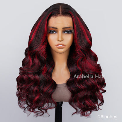 [Flash Sale] 13x4 Lace Dark Burgundy With Rose Red Highlights Body Wave/Straight Hair Lace Free Part Color Wigs