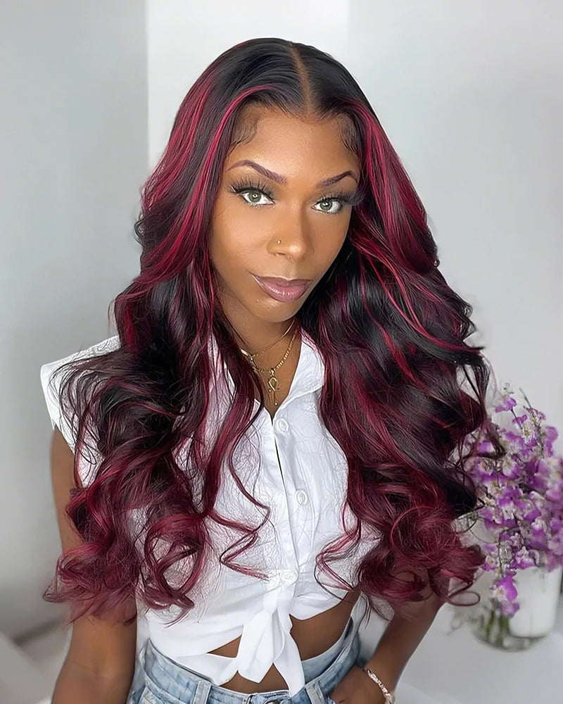 13x4 Lace Dark Burgundy With Rose Red Highlights Body Wave HD Lace Color Wigs Free Part