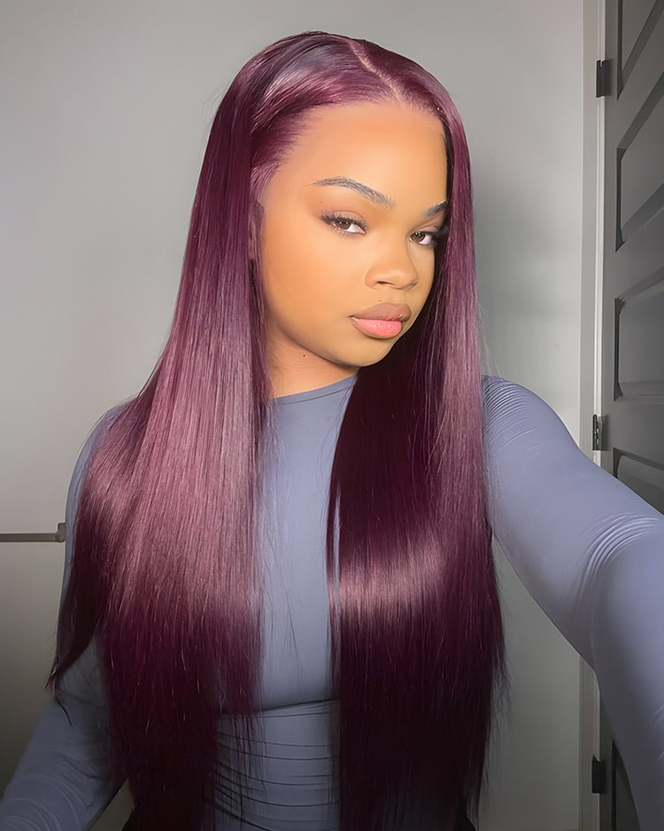 【$299 = 2 WIGS】Arabella 13x6 Three-Go™ Dark Plum Glueless Wig Silky Straight With Drawstring 100% Human Hair Wig