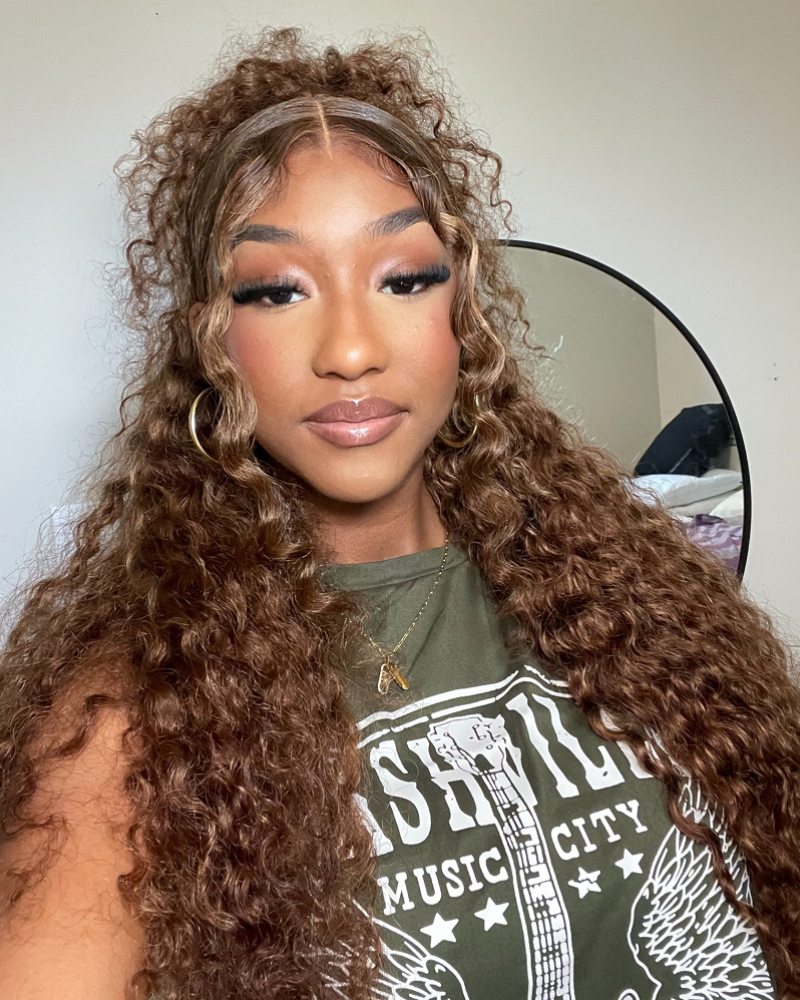 Arabella 13x4 Frontal Lace &amp; 6x5 Invisible Knots Glueless Honey Blonde Highlights On Brown Wig Water Wave Wig Invisible Knots
