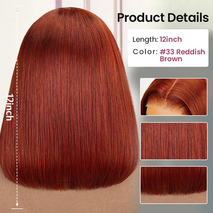 Minimalist Short Bob: Reddish Brown Colored Straight Bob Wig Pre-Cut Glueless Lace 3D Cap Pre-Plucked Double Drawn Wigs