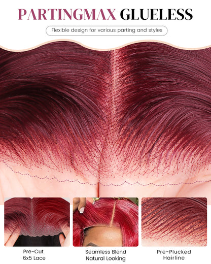 Red Velvet Balayage Wine Glueless 6x5 Pre-Cut Lace Loose Body Wave Multi Highlight Color Human Hair Wig